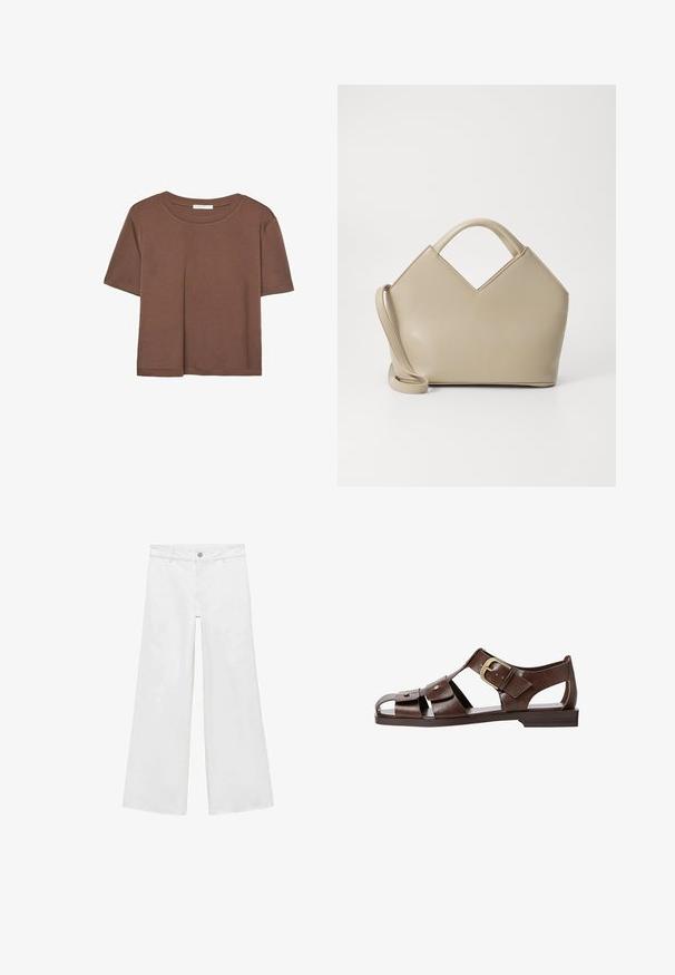 Braunes, kurzärmliges T-Shirt aus weichem Material mit rundem Halsausschnitt und lockerer Passform. Keine sichtbaren Muster oder Akzente.; Weiße, weit geschnittene Jeans mit Knopfleiste und fünf Taschen, aus denim mit glatter Textur gefertigt, im klassischen Design.; Braune Leder-Sandale mit ausgeschnittenem Design, verstellbarem seitlichem Riemenverschluss und flacher Sohle, mit Metallakzenten und offenem Zehenbereich.; Beige strukturierte Handtasche mit V-förmigem oberen Teil, glattem Leder, kurzen Griffen und einem langen verstellbaren Tragegurt. Minimalistisches Design.