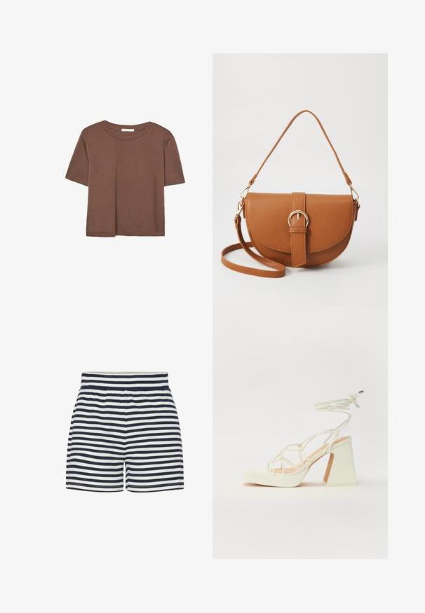 Brun kortärmad t-shirt i mjukt tyg, med rund halsringning och avslappnad passform. Inga synliga mönster eller detaljer.; Randiga shorts med en marinblå och vit färgsättning, mjukt bomullsmaterial, elastisk midja och en avslappnad, rak passform.; Vit högklackad sandal med en kraftig klack, med ett remdesign och ankelband. Slät textur med en plattform framtill för ökad höjd.; Brun läder crossbody-väska med en böjd form, gyllene detaljer och en spänneaccent. Har en avtagbar axelrem.