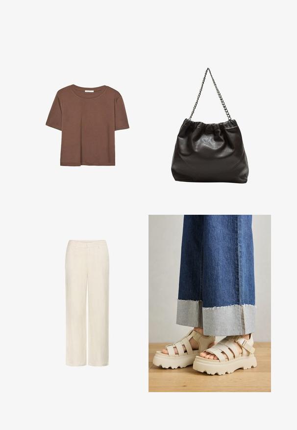 Brązowa koszulka z krótkim rękawem, wykonana z miękkiego materiału, z okrągłym dekoltem i luźnym krojem. Brak widocznych wzorów lub akcentów.; Linenowe spodnie w odcieniu łagodnej bieli, z prostymi nogawkami, bocznymi kieszeniami oraz gładką fakturą z delikatnym wzorem splotu.; Beżowe sandały na platformie z grubymi podeszwami mają paskowy fason i regulowane paski na kostce. Noszone z szerokimi dżinsowymi spodniami, jeden z mankietów jest postrzępiony.; Brązowa skórzana torba z marszczonym szczytem i łańcuszkowym paskiem. Gładka tekstura z błyszczącym wykończeniem i subtelnymi detalami szwów po bokach.