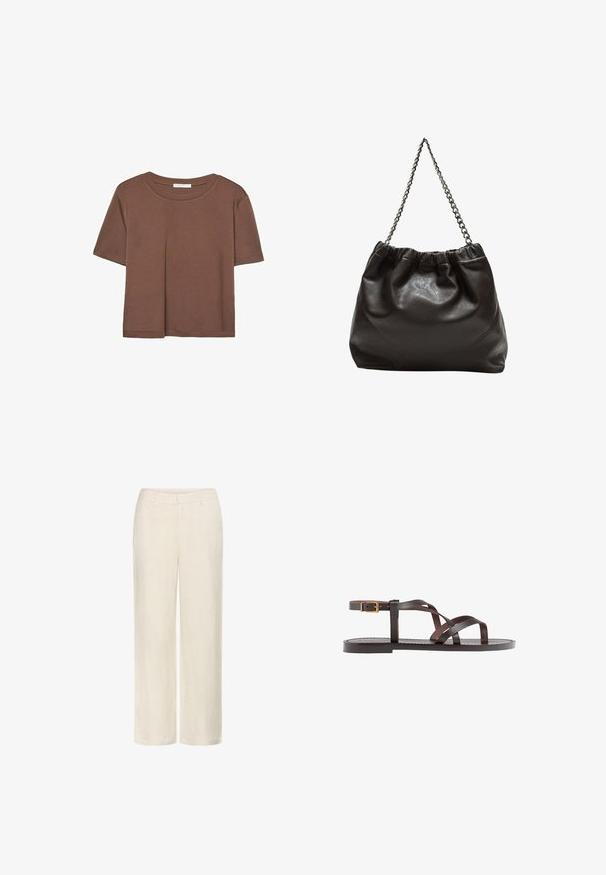 Brun kortærmet t-shirt lavet af blødt stof, med rund halsudskæring og afslappet pasform. Ingen synlige mønstre eller detaljer.; Linnedragt i off-white, med lige ben design, sidelommer og en glat tekstur med et subtilt vævemønster.; Brune lædersandal med krydsende stropper, ankelspænde og en flad sål med minimale syninger.; Brun lædertaske med en rynket top og en kædestrop. Glat tekstur med en blank finish og subtile sømdetaljer på siderne.