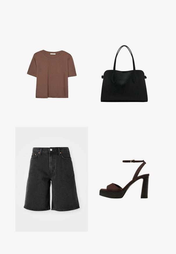 Rjava kratka majica s kratkimi rokavi iz mehkega materiala, s krožnim izrezom in ohlapnim krojem. Brez vidnih vzorcev ali dodatkov.; Črne kavbojke kratke hlače z visokim pasom, ki imajo pet žepov, bakrene zakovice in temen pranje. Ravna kroj s čistim robom.; Rjave semiš sandale z visoko peto, odprto spredaj, z nastavljivim gležnjenjem in črtastim podplatom.; Črna usnjena torbica z dvema naramnima trakoma, pravokotne oblike in minimalističnim dizajnom na beli podlagi.