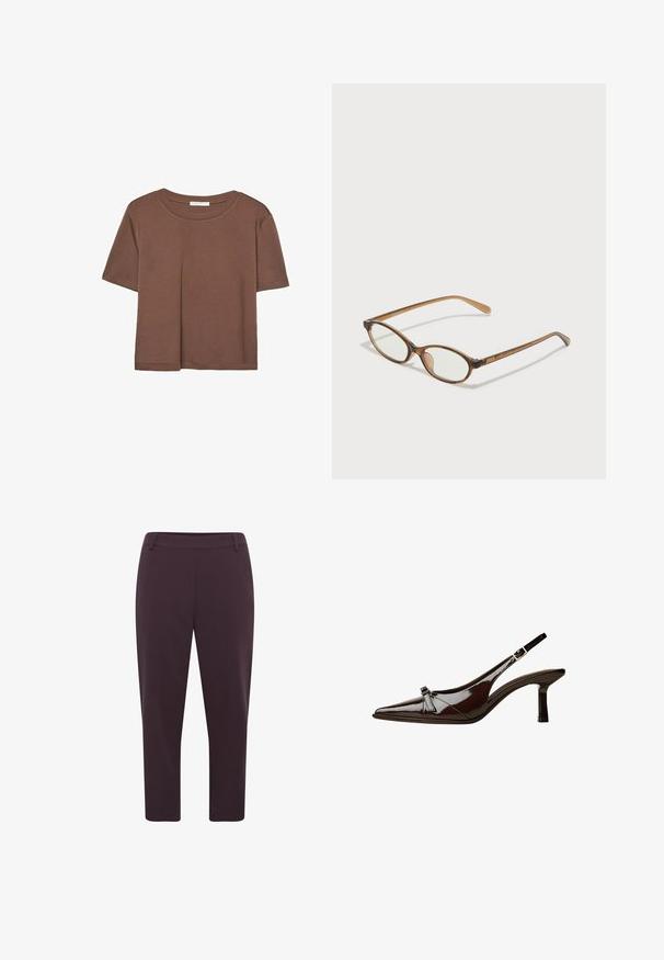 Hnedé tričko s krátkym rukávom vyrobené z jemného materiálu, s okrúhlym výstrihom a voľným strihom. Žiadne viditeľné vzory ani akcenty.; Tmavofialové nohavice s rovnomerným strihom, skrátenou dĺžkou a hladkým materiálom. Obsahujú plochý pás a žiadne viditeľné zapínanie.; Hnedá laková slingback obuv s špicatou špičkou, nízkym opätkom a dekoratívnou mašľou vpredu. Hladká, lesklá štruktúra.; Hnedé želvovinové okuliare s oválnymi sklíčkami, tenkými ramenami a priesvitnými akcentmi. Obsahujú jemný logo na stranici. Štýlový, ľahký dizajn.