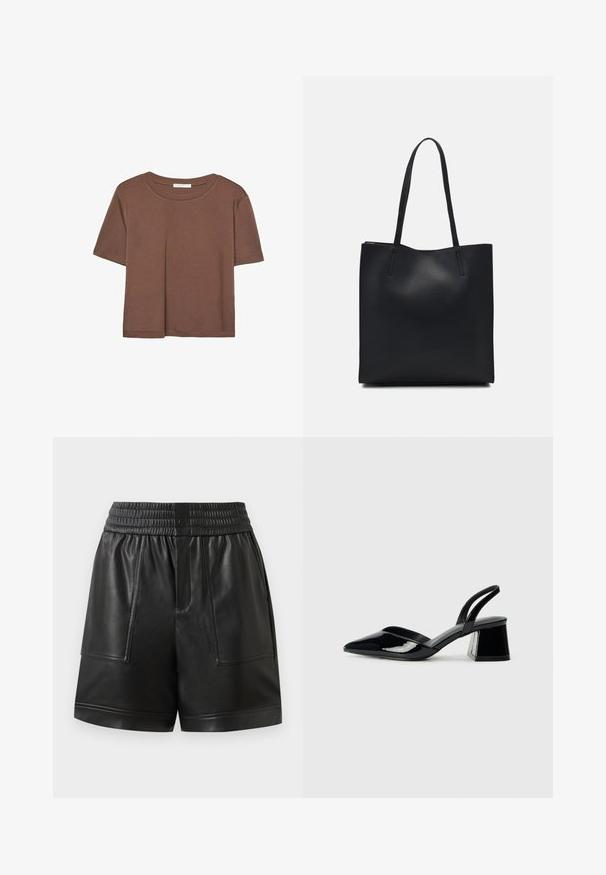 Rjava kratka majica s kratkimi rokavi iz mehkega materiala, s krožnim izrezom in ohlapnim krojem. Brez vidnih vzorcev ali dodatkov.; Črne hlače iz umetnega usnja z elastičnim pasom, sprednjim gumbom, velikimi sprednjimi žepi in ravnim robom.; Črne lakirane slingback pete s koničastim nosom in geometrijsko blokasto peto. Imajo eleganten, minimalističen dizajn in gladko teksturo.; Črna usnjena torba s svilnato teksturo, pravokotne oblike in dvema dolgima ročajema. Brez vidnih metalnih delov ali okrasnih elementov.