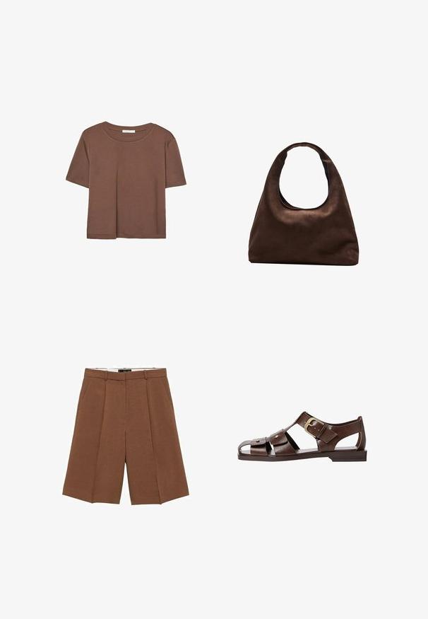 Rjava kratka majica s kratkimi rokavi iz mehkega materiala, s krožnim izrezom in ohlapnim krojem. Brez vidnih vzorcev ali dodatkov.; Rjave prirejene kratke hlače iz mehke tkanine, z visokim pasom, ravnim sprednjim delom, dvema stranskima žepoma in ohlapnim, širokim krojem.; Rjave usnjene sandale z izrezljanim dizajnom, nastavljivim stranskim sponko in ravnim podplatom, dekorirane z kovinskimi detajli in odprtim prstom.; Mehakna rjava torbica v hobo stilu z enim širokim trakom in ukrivljenim odprtjem na vrhu, prikazana na beli podlagi.
