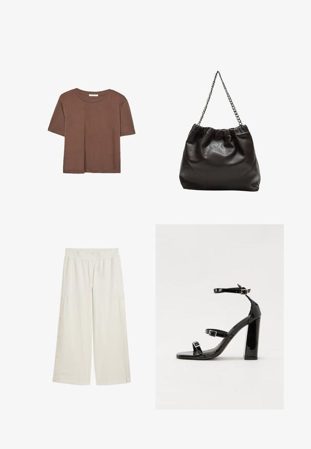 Brązowa koszulka z krótkim rękawem, wykonana z miękkiego materiału, z okrągłym dekoltem i luźnym krojem. Brak widocznych wzorów lub akcentów.; Beżowe spodnie szerokiego kroju z elastycznym paskiem w talii, bocznymi zapięciami na zatrzask i małym logo z przodu. Wykonane z gładkiego, lekkiego materiału.; Czarne lakierowane sandały na obcasie z kwadratowym noskiem, z paskami wokół kostki i srebrnymi klamrami. Posiadają masywny słupek dla stabilności.; Brązowa skórzana torba z marszczonym szczytem i łańcuszkowym paskiem. Gładka tekstura z błyszczącym wykończeniem i subtelnymi detalami szwów po bokach.