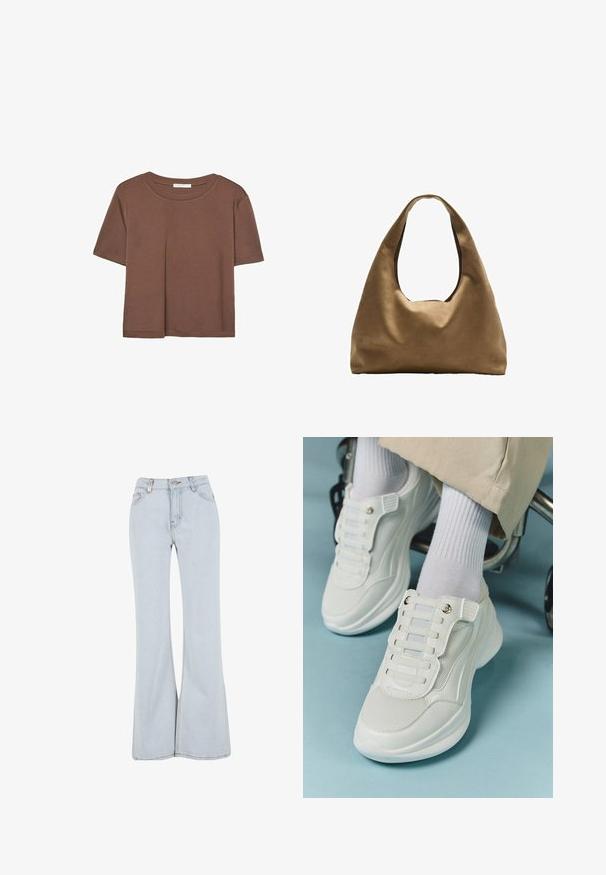Hnědé tričko s krátkým rukávem vyrobené z měkké látky, s kulatým výstřihem a volným střihem. Bez viditelných vzorů nebo dekorací.; Světle modré zvonové džíny vyrobené z denimu, s vysokým pasem, pěti kapsami a kontrastním prošíváním podél švů.; Bílé tenisky s materiálem z mešové tkaniny, gumovou podrážkou, bezšňůrovým designem s elastickými pásky a zlatými akcenty.; Hnědá textilní taška přes rameno s širokým, zaobleným tvarem a velkým výřezem na rukojeť. Měkká textura, minimalistický design a žádné viditelné kovové prvky.