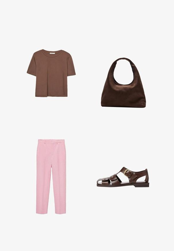 Hnedé tričko s krátkym rukávom vyrobené z jemného materiálu, s okrúhlym výstrihom a voľným strihom. Žiadne viditeľné vzory ani akcenty.; Svetloružové nohavice vyrobené z textúrovanej tkaniny, s rovnými nohavicami, pútkami na opasok a prednými šikmými vreckami. Bez viditeľných vzorov.; Hnedé kožené sandále s vyrezávaným dizajnom, nastaviteľnou bočnou sponou a plochou podrážkou, s kovovými akcentmi a otvorenou špičkou.; Svetlohnedá kabelka v štýle hobo s jedným širokým popruhom a zakriveným otváraním na vrchu, vystavená na bielom pozadí.