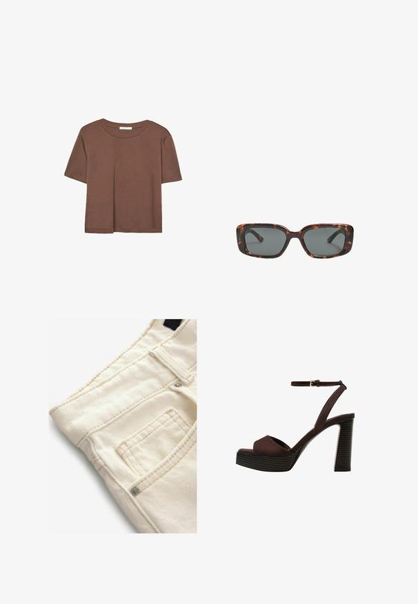 T-shirt marron à manches courtes en tissu doux, avec un col rond et une coupe décontractée. Aucun motif ni accent visible.; Pantalons en denim couleur crème avec une surface texturée, dotés d'une petite poche avant et de détails de couture contrastants. Idéal pour un look décontracté.; Sandale à talons hauts en suede marron avec un bout ouvert, une bride de cheville réglable et une semelle de plateforme rayée.; Lunettes de soleil en écaille de tortue avec des verres rectangulaires, monture épaisse et verres teintés foncés. Texture lisse et design minimaliste.; Sac en cuir marron avec un haut froncé et une bandoulière en chaîne. Texture lisse avec une finition brillante et des coutures subtiles sur les côtés.