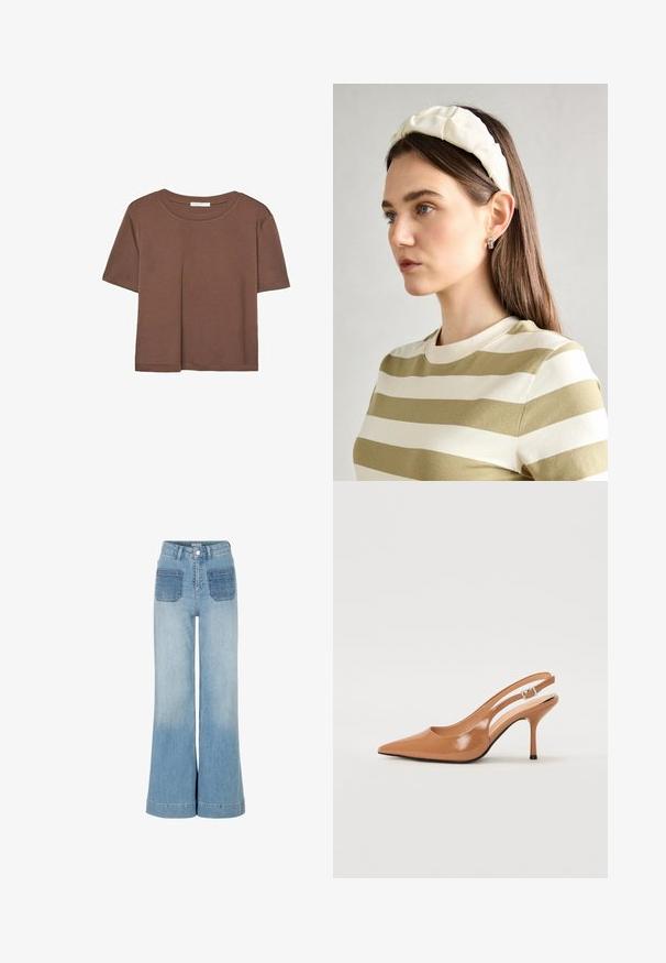 Rjava kratka majica s kratkimi rokavi iz mehkega materiala, s krožnim izrezom in ohlapnim krojem. Brez vidnih vzorcev ali dodatkov.; Svijetloplave široke traperice imaju dvije prednje džepove s tamnijim denim akcentima, visoki struk i rub s dovršenim ivicama.; Slinčaste pete z ostro konico v gladkem, sijočem bež materialu. Imajo ukrivljen rez in vitko stiletto peto. Podrobnost s srebrno zaponko.; Kremna ušesna traka s prepletenim dizajnom, uparjena s bež in belimi črtastimi majicami z okroglim izrezom. Diskretni nakit.