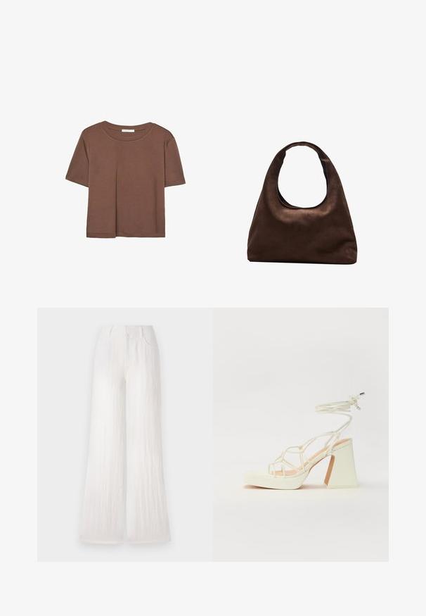 Maglietta a maniche corte marrone realizzata in tessuto morbido, con scollatura rotonda e vestibilità rilassata. Nessun motivo o dettaglio visibile.; Pantaloni bianchi a gamba larga in tessuto strutturato, con due tasche laterali e un design a vita alta. Finitura liscia con orlo dritto.; Sandalo bianco con tacco alto, caratterizzato da un design a cinturini e un legaccio alla caviglia. Texture liscia con una piattaforma frontale per un'altezza aggiuntiva.; Borsa hobo di un morbido marrone con una sola tracolla larga e un'apertura a manico curvo, esposta su uno sfondo bianco.