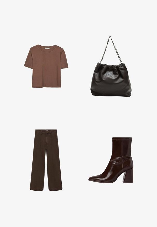 Hnědé tričko s krátkým rukávem vyrobené z měkké látky, s kulatým výstřihem a volným střihem. Bez viditelných vzorů nebo dekorací.; Hnědé široké kalhoty vyrobené z bavlněné tkaniny. Mají vysoký pas, zip a jemné detaily na předním švu. Bez viditelných kapes.; Hnědé lakované kožené kotníkové boty s špičatou špičkou, elastickým kotníkem a chunky blokovým podpatkem. Elegantní design s hladkým povrchem.; Hnědá kožená taška se sbíraným vrškem a řetízkovým popruhem. Hladký povrch s lesklým finišem a jemným švem na bocích.