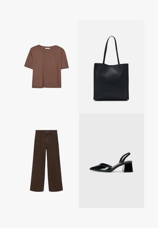 Brun kortærmet t-shirt lavet af blødt stof, med rund halsudskæring og afslappet pasform. Ingen synlige mønstre eller detaljer.; Brune brede bukser lavet af bomuldsstof. Har en høj talje, lynlås foran og diskret sømdetalje fortil. Ingen synlige lommer.; Sorte patentlæder slingback hæle med spids tå og en geometrisk blok hæl. Har et elegant, minimalistisk design og en glat tekstur.; Sort læder tote taske med glat tekstur, rektangulær form og to lange hanke. Ingen synlig hardware eller udsmykninger.