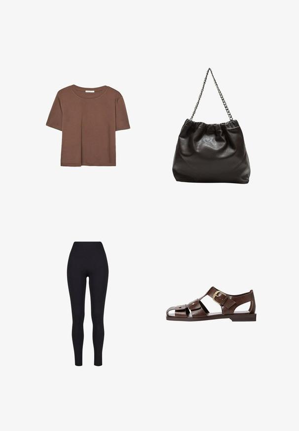 Maglietta a maniche corte marrone realizzata in tessuto morbido, con scollatura rotonda e vestibilità rilassata. Nessun motivo o dettaglio visibile.; Leggings neri a vita alta, realizzati in tessuto elasticizzato, con una texture liscia e un design aderente senza cuciture o fantasie visibili.; Sandal in pelle marrone con un design a intaglio, cinturino laterale regolabile e suola piatta, con dettagli metallici e punta aperta.; Borsa in pelle marrone con parte superiore arricciata e tracolla a catena. Texture liscia con finitura lucida e dettagli di cucitura sottili sui lati.