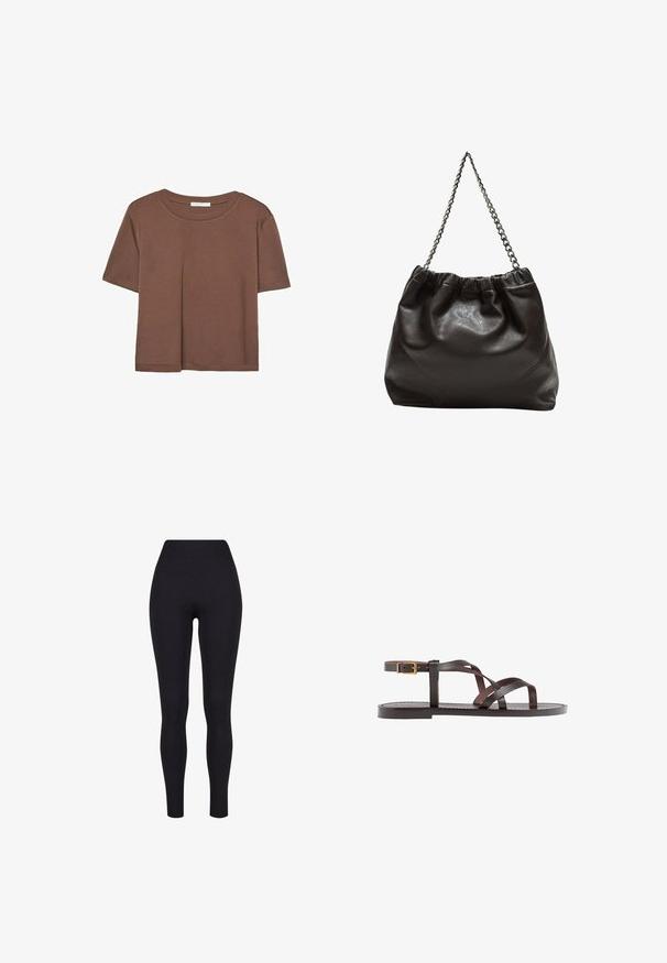 Maglietta a maniche corte marrone realizzata in tessuto morbido, con scollatura rotonda e vestibilità rilassata. Nessun motivo o dettaglio visibile.; Leggings neri a vita alta, realizzati in tessuto elasticizzato, con una texture liscia e un design aderente senza cuciture o fantasie visibili.; Sandal in pelle marrone con cinturini incrociati, chiusura con cinturino alla caviglia e suola piatta con dettagli di cucitura minimi.; Borsa in pelle marrone con parte superiore arricciata e tracolla a catena. Texture liscia con finitura lucida e dettagli di cucitura sottili sui lati.