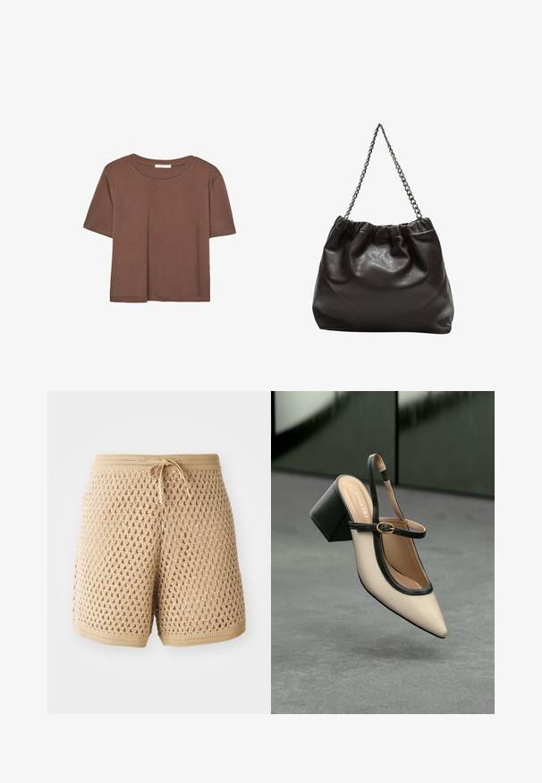 Maglietta a maniche corte marrone realizzata in tessuto morbido, con scollatura rotonda e vestibilità rilassata. Nessun motivo o dettaglio visibile.; Shorts all'uncinetto beige con un intricato motivo a diamante, vita con cordoncino e bordi a costine. Tessuto leggero e traspirante.; Scarpa beige con punta a stivale, con rifiniture nere, fibbia dorata e tacco a blocco spesso su un pavimento grigio con sfondo verde scuro.; Borsa in pelle marrone con parte superiore arricciata e tracolla a catena. Texture liscia con finitura lucida e dettagli di cucitura sottili sui lati.