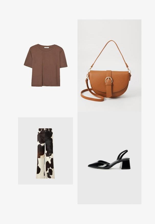 Maglietta a maniche corte marrone realizzata in tessuto morbido, con scollatura rotonda e vestibilità rilassata. Nessun motivo o dettaglio visibile.; Pantaloni a zampa d'elefante in pelle di mucca con un design a patchwork nei colori bianco e nero, caratterizzati da una texture liscia e dettagli di cuciture in vista.; Décolleté in vernice nera con punta affusolata e tacco in geometria cubica. Presentano un design elegante e minimalista, con una texture liscia.; Borsa a tracolla in pelle marrone con forma curvata, hardware dorato e un dettaglio con fibbia. Presenta una tracolla rimovibile.