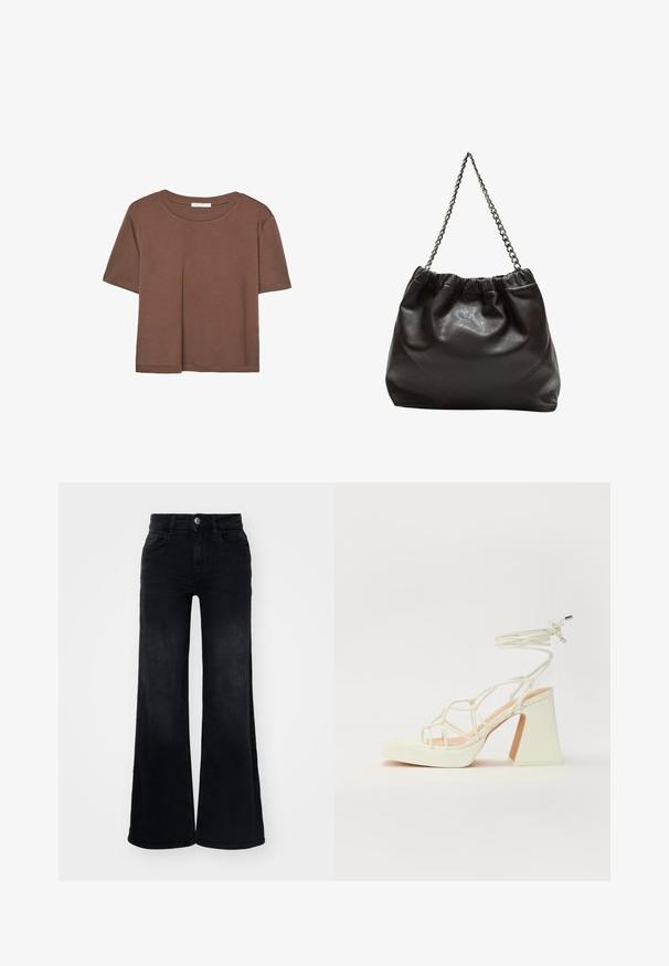 Hnedé tričko s krátkym rukávom vyrobené z jemného materiálu, s okrúhlym výstrihom a voľným strihom. Žiadne viditeľné vzory ani akcenty.; ONLY ONLCHRIS WIDE - Široké nohavice - washed black; Biele sandále na vysokom opätku s hrubým podpätkom, s pruhovaným dizajnom a viazaním na členku. Hladký povrch s platformou vpredu pre zvýšenú výšku.; Hnedá kožená taška so zberaným vrchom a reťazovým popruhom. Hladký povrch s lesklým finišom a jemným švom po stranách.