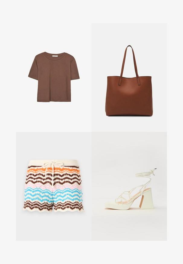 Braunes, kurzärmliges T-Shirt aus weichem Material mit rundem Halsausschnitt und lockerer Passform. Keine sichtbaren Muster oder Akzente.; Strickshorts mit einem Wellenmuster in Orangetönen, Braun, Pink und Blau, mit einem cremefarbenen Bund und einer Kordel. Gekräuselter Saum.; Weiße High-Heel-Sandale mit einem klobigen Absatz, die über ein Riemchendesign und ein Knöchelband verfügt. Glatte Textur mit einer Plattform vorne für zusätzliche Höhe.; Braune Leder-Tote mit glatter Textur, offenem Oberteil und zwei Schulterriemen. Verfügt über minimale Nähte und keine sichtbaren Beschläge.