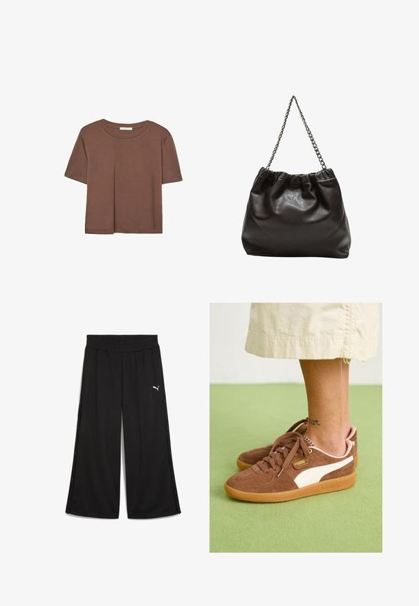 Rjava kratka majica s kratkimi rokavi iz mehkega materiala, s krožnim izrezom in ohlapnim krojem. Brez vidnih vzorcev ali dodatkov.; Črne športne hlače z elastičnim pasom, stranskimi gumbi na poklopcu in belim Puma logotipom na sprednji strani. Narejene iz lahkega materiala.; Rjave nubuk tene s sivo-belimi detajmi, gumijastim podplatom in roza peto. Videz čipk in detajl blagovne znamke je viden. Tatu na gležnju je delno viden.; Rjava usnjena torba z nabranim vrhom in verižnim trakom. Gladka tekstura z sijajno površino in subtilnimi šivi na straneh.