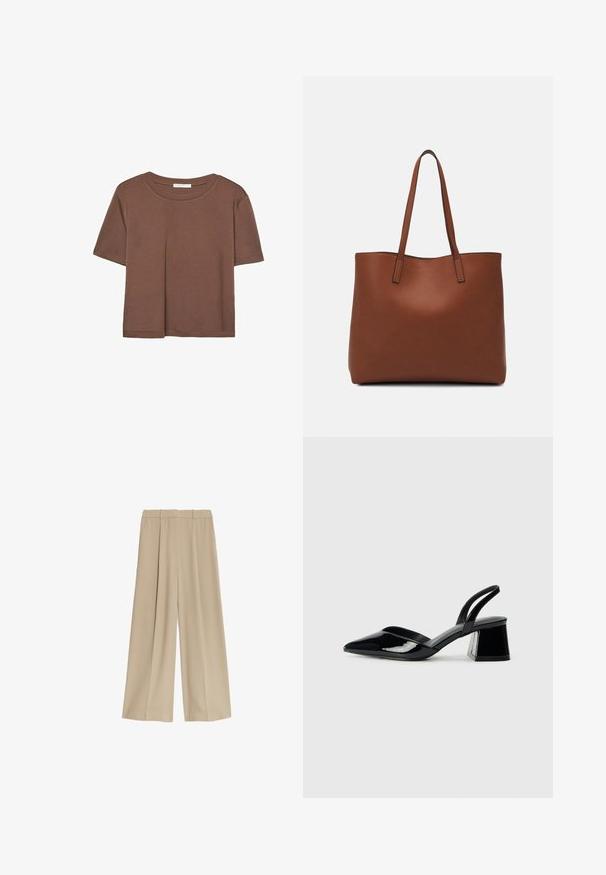 Brun kortærmet t-shirt lavet af blødt stof, med rund halsudskæring og afslappet pasform. Ingen synlige mønstre eller detaljer.; Beige bukser med vid benvidde og en glat tekstur, udstyret med to sidelommer og en flad front linning, designet til en afslappet pasform.; Sorte patentlæder slingback hæle med spids tå og en geometrisk blok hæl. Har et elegant, minimalistisk design og en glat tekstur.; Brun læder tote taske med en glat overflade, åben topdesign og to skulderremme. Har minimal syning og ingen synlig hardware.