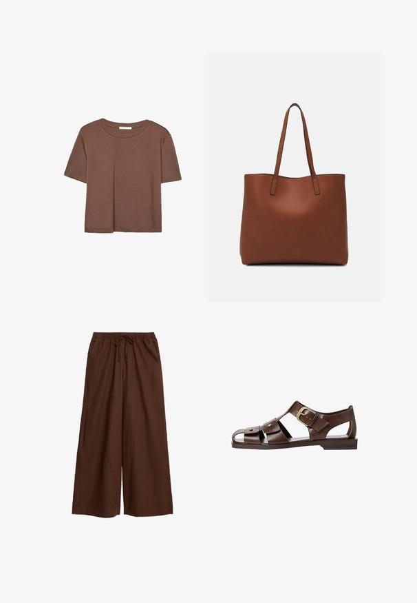 Brown short-sleeve t-shirt made of soft fabric, with a round neckline and relaxed fit. No visible patterns or accents.; Brown wide-leg trousers made of lightweight fabric, featuring an elasticated waistband with a drawstring and side pockets.; Brown leather sandal featuring a cutout design, adjustable side buckle, and flat sole, with metal accents and an open toe.; Brown leather tote bag with a smooth texture, open top design, and two shoulder straps. Features minimal stitching and no visible hardware.