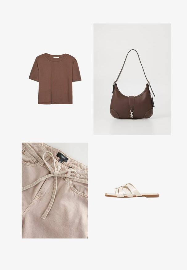 Braunes, kurzärmliges T-Shirt aus weichem Material mit rundem Halsausschnitt und lockerer Passform. Keine sichtbaren Muster oder Akzente.; Helle rosa Baumwollhosen mit flachem Vorderteil, Schleifenbelt und subtiler Textur. Mit Knopfverschluss und Eingrifftaschen. Etikett: NEXT.; Flache Sandalen mit einer honigfarbenen Gummisohle, gestaltet mit drei überlappenden weißen Lederriemen und einem kleinen Schleifendetail in der Mitte.; Braune Lederhandtasche mit runder Form, silbernem Zubehör und dekorativer Naht. Verfügt über einen Schulterriemen und einen Verschluss mit Clip.