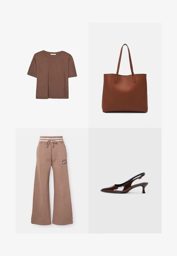 Rjava kratka majica s kratkimi rokavi iz mehkega materiala, s krožnim izrezom in ohlapnim krojem. Brez vidnih vzorcev ali dodatkov.; Rjave široke trenirke iz mehkega blaga, z naramnicami in stranskimi detajli logotipa.; Rjavi lakirani slingback čevelj z ostro konico in zmerno peto. Ima zaponko za varno prileganje. Gladka tekstura.; Rjava usnjena torba z gladko teksturo, odprto zasnovo zgoraj in dvema naramnima trakovoma. Opremljena je z minimalnim šivanjem in brez vidnih kovinskih delov.