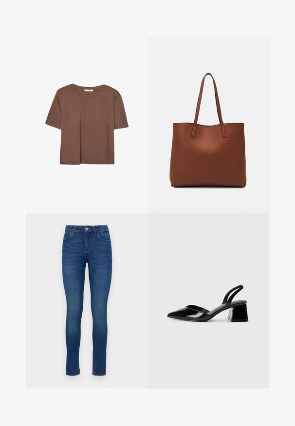 Smeđi kratki rukav majica od mekog materijala, s okruglim izrezom i opuštenim krojem. Nema vidljivih uzoraka ili naglasaka.; Tijesne traperice od tamnoplave denima, s klasičnim dizajnom s pet džepova, vidljivim šavovima i gumbom na struku.; Crne lakirane kožne sandale s otvorenom petom i špicastim vrhom, s geometrijskom blok petom. Imaju elegantan, minimalistički dizajn i glatku teksturu.; Smeđa kožna torba preko ramena s glatkom teksturom, otvorenim vrhom i dvjema naramenicama. Ima minimalne šavove i nema vidljivog hardvera.