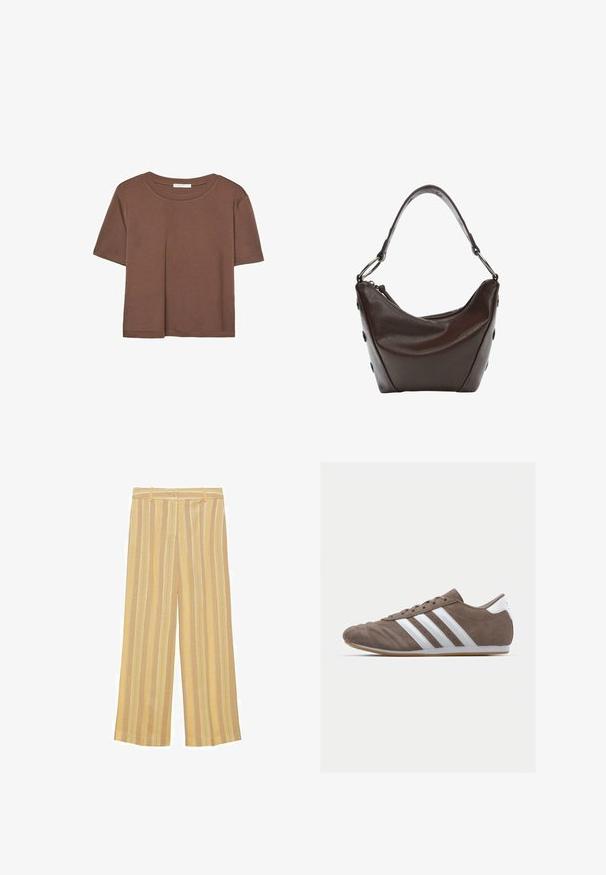 Hnedé tričko s krátkym rukávom vyrobené z jemného materiálu, s okrúhlym výstrihom a voľným strihom. Žiadne viditeľné vzory ani akcenty.; Žlté pruhované široké nohavice z textúrovaného materiálu, s vertikálnymi pruhmi rôznej šírky a s gombíkovým zapínaním v páse.; Hnedé semišové športové topánky s bielymi pruhmi, okrúhly špičkový dizajn, šnurovacie zapínanie a gumená podrážka. Texturovaný zvršok s detailmi šitia.; Tmavo hnedá kožená kabelka s zakriveným tvarom, so zipsom a krátkym uchom. Obsahuje kovové súčiastky a dekoratívne čierne gombíky na boku.
