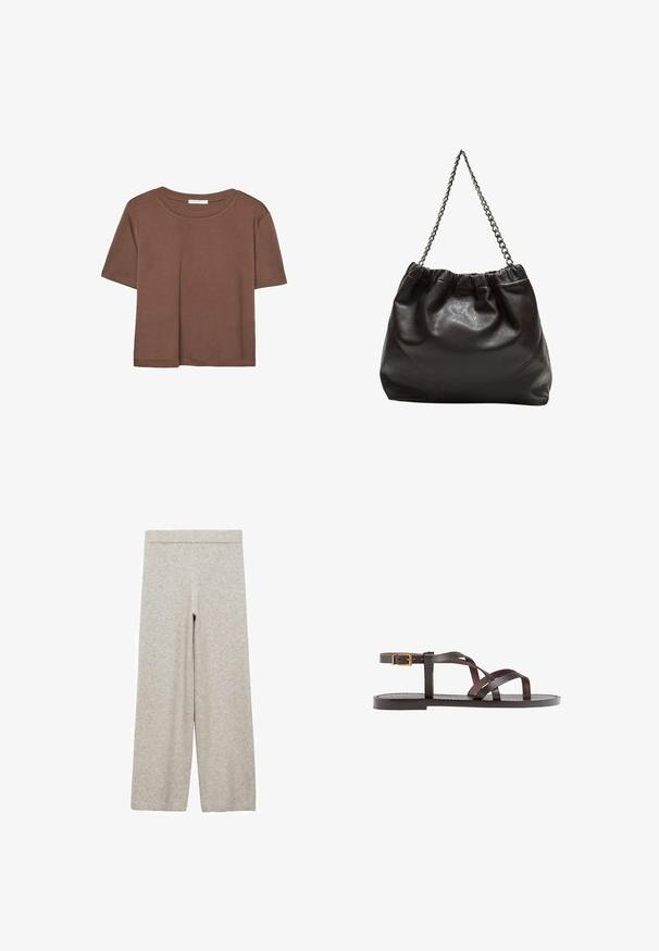 T-shirt marron à manches courtes en tissu doux, avec un col rond et une coupe décontractée. Aucun motif ni accent visible.; Pantalon large gris clair en tissu doux avec une taille côtelée, présentant une texture lisse et sans motifs visibles.; Sandale en cuir marron avec des brides entrecroisées, une fermeture à boucle à la cheville et une semelle plate avec des détails de couture minimaux.; Sac en cuir marron avec un haut froncé et une bandoulière en chaîne. Texture lisse avec une finition brillante et des coutures subtiles sur les côtés.
