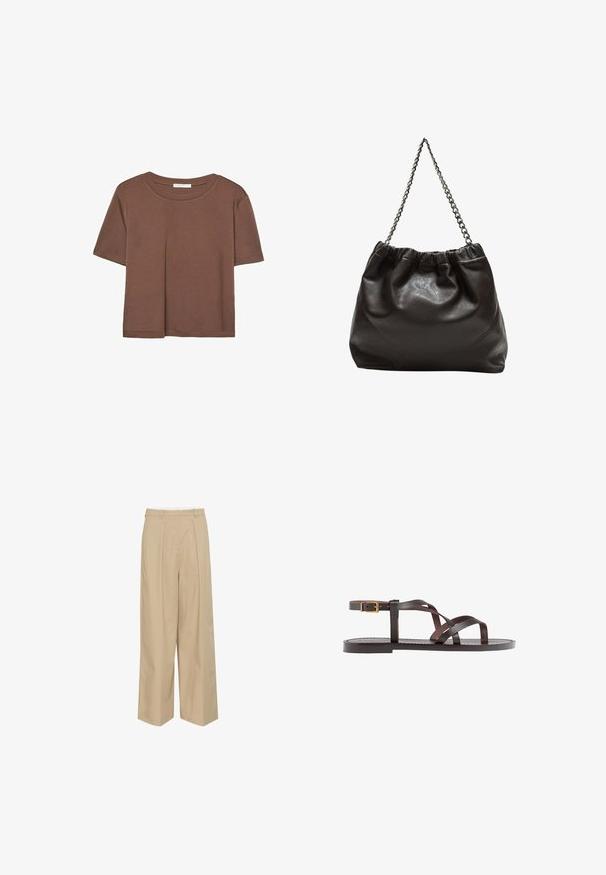 Smeđi kratki rukav majica od mekog materijala, s okruglim izrezom i opuštenim krojem. Nema vidljivih uzoraka ili naglasaka.; Bež široke hlače s prednjim nabora, pojasom sa petljama i glatkom, laganom teksturom tkanine.; Smeđe kožne sandale s iskrižanim trakama, umetkom za zapešće s kopčanjem i ravnim potplatom s minimalnim detaljima šivanja.; Smeđa kožna torba s naboranim vrhom i lančićem za nošenje. Glatka tekstura s sjajnim završetkom i suptilnim šavnim detaljima sa strane.