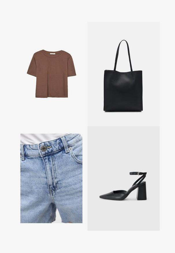 Kahvinsävyinen lyhythihainen t-paita, joka on valmistettu pehmeästä kankaasta. Pyöreä pääntie ja rento malli. Ei näkyviä kuvioita tai koristeita.; Vaaleansiniset farkkushortsit, joissa on korkea vyötärö, näkyvät saumat, kaksi etutaskua ja metallinen napitus. Sujuva pinta.; Mustat nahkakengät, joissa on kapea kärki, nilkkaremmi ja paksu korko. Tasainen pinta, tyylikäs muotoilu ja minimalistinen estetiikka.; Mustapahkainen kangaskassi, jossa on sileä pinta, suorakaiteen muotoinen ja kaksi pitkää kahvaa. Ei näkyvää metalliosaa tai koristeita.