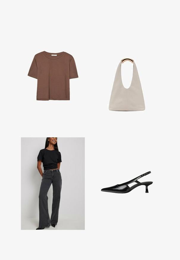 Rjava kratka majica s kratkimi rokavi iz mehkega materiala, s krožnim izrezom in ohlapnim krojem. Brez vidnih vzorcev ali dodatkov.; Črna prilegajoča majica v kombinaciji z visokim pasom in širokimi črnimi kavbojkami. Tkanina deluje teksturirano. Črne čevlje s koničastim prstom dopolnjujejo videz.; Črne patentični usnjeni salonarji s slingback designom, z zašiljenim nosom, izrezanim stranskim dizajnom in majhnim kvadratnim peto. Gladka tekstura z minimalnimi detajli.; Svetlo siva usnjena torba z U-oblika zasnovo in ukrivljenim kovinskim ročajem. Gladka tekstura z minimalnim šivom in brez vidnih vzorcev.