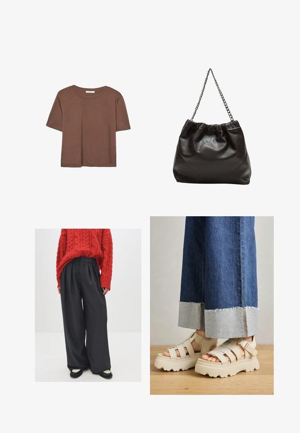 Braunes, kurzärmliges T-Shirt aus weichem Material mit rundem Halsausschnitt und lockerer Passform. Keine sichtbaren Muster oder Akzente.; Roter, grob gestrickter Pullover kombiniert mit hoch taillierten, dunkelgrauen, weiten Hosen und schwarzen Ballerinas mit cremefarbenen Akzenten. Strukturiertes Strickmuster und Falten sind sichtbar.; Beige Plattform-Sandalen mit dicken Sohlen verfügen über ein Riemchen-Design und verstellbare Knöchelriemen. Getragen zu weit geschnittenen Denim-Hosen, ist ein Saum ausgefranst.; Braune Lederhandtasche mit gerafftem Oberteil und Kettenriemen. Glatte Textur mit glänzendem Finish und subtilen Nahtdetails an den Seiten.