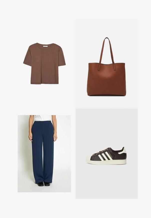 Braunes, kurzärmliges T-Shirt aus weichem Material mit rundem Halsausschnitt und lockerer Passform. Keine sichtbaren Muster oder Akzente.; PEPPERCORN Jogginghose - black iris; Low-Top Adidas Superstar Sneaker aus dunkelbraunem Leder mit cremefarbener Schale an der Spitze, weißen Streifen und dem Schriftzug "Superstar" an der Seite.; Braune Leder-Tote mit glatter Textur, offenem Oberteil und zwei Schulterriemen. Verfügt über minimale Nähte und keine sichtbaren Beschläge.
