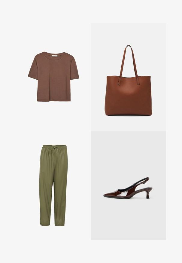 Brown short-sleeve t-shirt made of soft fabric, with a round neckline and relaxed fit. No visible patterns or accents.; Olive green, lightweight pants with an elastic waistband, drawstring, and tapered ankles. Smooth texture with a shiny finish.; Brown patent leather slingback shoe with a pointed toe and a moderate heel. Features a buckle strap for secure fit. Smooth texture.; Brown leather tote bag with a smooth texture, open top design, and two shoulder straps. Features minimal stitching and no visible hardware.