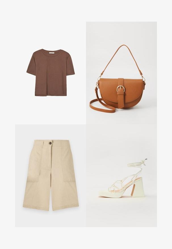 Braunes, kurzärmliges T-Shirt aus weichem Material mit rundem Halsausschnitt und lockerer Passform. Keine sichtbaren Muster oder Akzente.; Beige Leinen-Shorts mit zwei Seitentaschen, einem vorderen Knopfverschluss, geradem Schnitt und glatter Textur. Sauberes Design ohne Muster.; Weiße High-Heel-Sandale mit einem klobigen Absatz, die über ein Riemchendesign und ein Knöchelband verfügt. Glatte Textur mit einer Plattform vorne für zusätzliche Höhe.; Braune Leder-Crossbody-Tasche mit geschwungener Form, goldfarbenen Beschlägen und einer Schnallenakzentuierung. Verfügt über einen abnehmbaren Schultergurt.