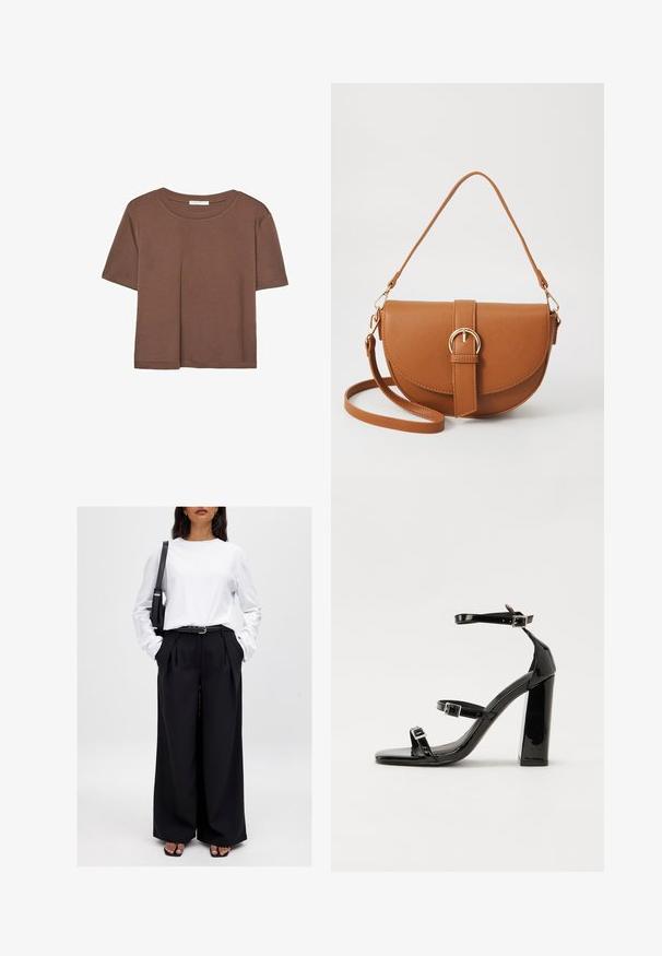 Braunes, kurzärmliges T-Shirt aus weichem Material mit rundem Halsausschnitt und lockerer Passform. Keine sichtbaren Muster oder Akzente.; NA-KD Stoffhose - black; Schwarze patentierte Sandalen mit Absatz, quadratischer Spitze, Knöchelriemen und silbernen Schnallen. Mit einem stabilen Blockabsatz für mehr Stabilität.; Braune Leder-Crossbody-Tasche mit geschwungener Form, goldfarbenen Beschlägen und einer Schnallenakzentuierung. Verfügt über einen abnehmbaren Schultergurt.