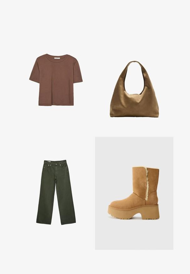 Rjava kratka majica s kratkimi rokavi iz mehkega materiala, s krožnim izrezom in ohlapnim krojem. Brez vidnih vzorcev ali dodatkov.; Zelene hlače širokega kroja v olivni barvi s sprednjim gumbom, zadrgo, zankami za pas in zasnovo s petimi žepi, prikazane na beli podlagi.; UGG NEW HEIGHTS CUFF - Zimski škornji - chestnut; Brahna torba preko rame iz rjave tkanine s širokim, zaobljenim tijelom i velikim izrezanim ručkom. Meka tekstura, minimalistički dizajn i bez vidljivih metalnih dijelova.
