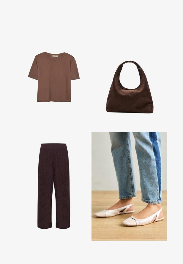 Maglietta a maniche corte marrone realizzata in tessuto morbido, con scollatura rotonda e vestibilità rilassata. Nessun motivo o dettaglio visibile.; Kaffe KANOMI - Pantaloni - fudge; Ballerine slingback rosa pallido con punta affusolata, realizzate in un materiale simile alla pelle liscio. Presentano dettagli a taglio sui lati e un tacco piatto.; Borsa hobo di un morbido marrone con una sola tracolla larga e un'apertura a manico curvo, esposta su uno sfondo bianco.