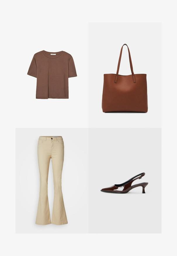 Rjava kratka majica s kratkimi rokavi iz mehkega materiala, s krožnim izrezom in ohlapnim krojem. Brez vidnih vzorcev ali dodatkov.; Bež hlače s flared krojem, izdelane iz mešanice bombaža. Visok pas, pet žepov, sprednje zapiranje na gumb in gladka tekstura.; Rjavi lakirani slingback čevelj z ostro konico in zmerno peto. Ima zaponko za varno prileganje. Gladka tekstura.; Rjava usnjena torba z gladko teksturo, odprto zasnovo zgoraj in dvema naramnima trakovoma. Opremljena je z minimalnim šivanjem in brez vidnih kovinskih delov.
