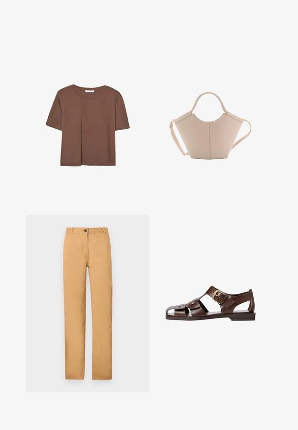 Rjava kratka majica s kratkimi rokavi iz mehkega materiala, s krožnim izrezom in ohlapnim krojem. Brez vidnih vzorcev ali dodatkov.; Svetlobruni chinos hlače s ravnim krojem, zapenjanjem na gumb in stranskimi žepi. Tkanina je gladka z mat površino.; Rjave usnjene sandale z izrezljanim dizajnom, nastavljivim stranskim sponko in ravnim podplatom, dekorirane z kovinskimi detajli in odprtim prstom.; Bežna usnjena torbica edinstvene oblike, z dvema kratkima ročajema in dolgim nastavljivim trakom. Gladka tekstura z minimalno kovinsko opremo.