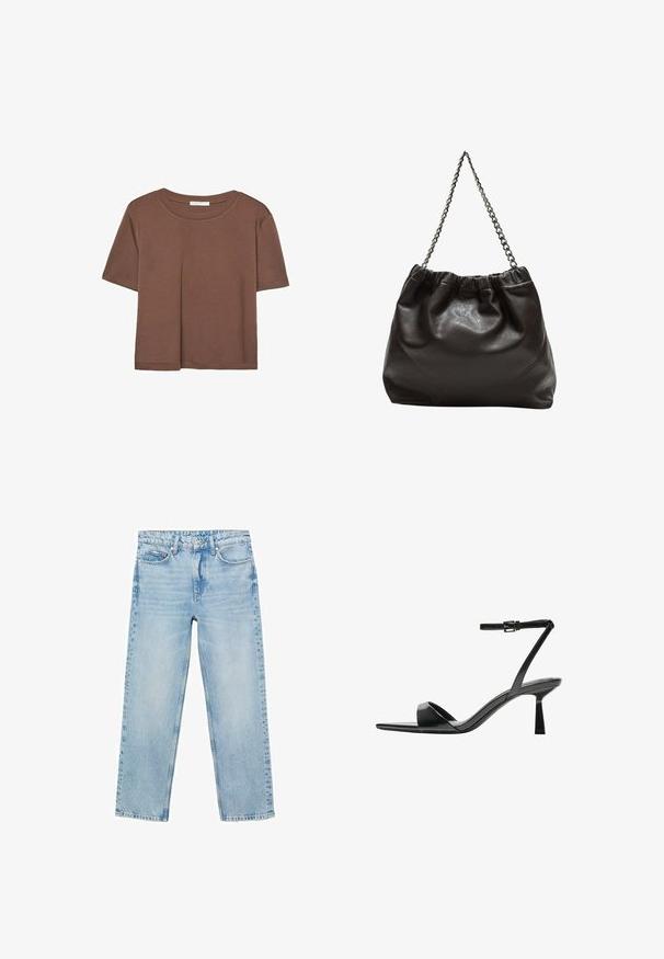 Smeđi kratki rukav majica od mekog materijala, s okruglim izrezom i opuštenim krojem. Nema vidljivih uzoraka ili naglasaka.; Svijetloplave traperice s ravnim nogavicama, srednjim strukom i dizajnom s pet džepova. Imaju suptilno izbljeđivanje i klasične detalje šivanja.; Bershka Sandale s visokom petom - black; Smeđa kožna torba s naboranim vrhom i lančićem za nošenje. Glatka tekstura s sjajnim završetkom i suptilnim šavnim detaljima sa strane.