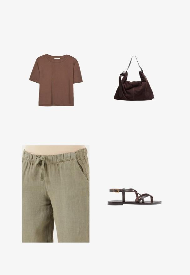 Braunes, kurzärmliges T-Shirt aus weichem Material mit rundem Halsausschnitt und lockerer Passform. Keine sichtbaren Muster oder Akzente.; Helle olivgrüne Leinenhosen mit einem elastischen Bund und Kordelzug; verfügen über Seitentaschen und eine lockere Passform.; Braune Leder-Sandale mit überkreuzten Riemen, einem Knöchelriemen mit Schnalle und einer flachen Sohle mit minimalen Nähdetails.; Dunkelbraune Wildleder-Hobo-Schultertasche mit breitem, verstellbarem Ledertragegurt und weichem, lässigem Körper vor weißem Hintergrund.