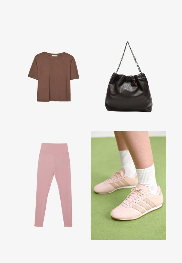 Maglietta a maniche corte marrone realizzata in tessuto morbido, con scollatura rotonda e vestibilità rilassata. Nessun motivo o dettaglio visibile.; Leggings fucsia a vita alta realizzati in tessuto elasticizzato, con una superficie liscia e un piccolo dettaglio del logo in vita.; Scarpe da ginnastica rosa chiaro con cuciture diagonali, suole bianche e tre strisce laterali. Indossate con calze bianche a coste su una superficie verde.; Borsa in pelle marrone con parte superiore arricciata e tracolla a catena. Texture liscia con finitura lucida e dettagli di cucitura sottili sui lati.