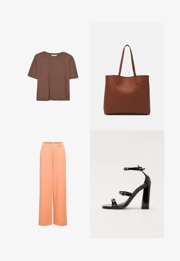 Braunes, kurzärmliges T-Shirt aus weichem Material mit rundem Halsausschnitt und lockerer Passform. Keine sichtbaren Muster oder Akzente.; Weite Hose aus Pfirsichstoff mit glatter Textur, flachem Vorderteil mit Falten und einem elastischen Bund für einen bequemen Sitz.; Schwarze patentierte Sandalen mit Absatz, quadratischer Spitze, Knöchelriemen und silbernen Schnallen. Mit einem stabilen Blockabsatz für mehr Stabilität.; Braune Leder-Tote mit glatter Textur, offenem Oberteil und zwei Schulterriemen. Verfügt über minimale Nähte und keine sichtbaren Beschläge.