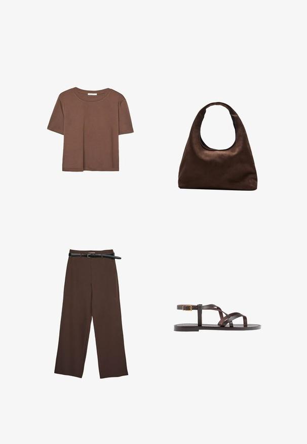Brown short-sleeve t-shirt made of soft fabric, with a round neckline and relaxed fit. No visible patterns or accents.; Brown wide-leg trousers with a smooth texture, featuring a black belt and a tailored waistband, providing a structured fit.; Brown leather sandal featuring crisscross straps, an ankle buckle closure, and a flat sole with minimal stitching details.; Soft brown hobo-style handbag with a single wide strap and a curved top handle opening, displayed on a white background.