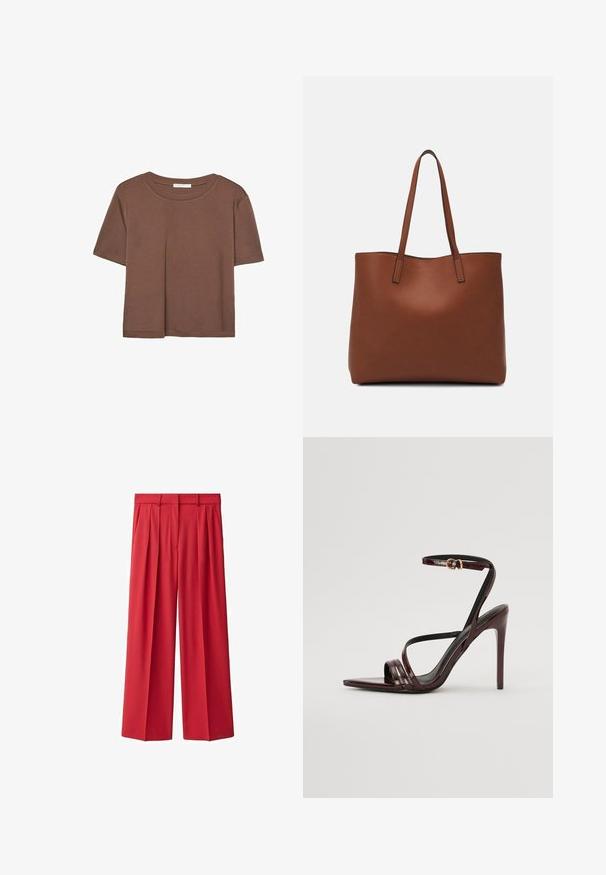 Rjava kratka majica s kratkimi rokavi iz mehkega materiala, s krožnim izrezom in ohlapnim krojem. Brez vidnih vzorcev ali dodatkov.; Rde hlače z visokim pasom, širokega kroja, nabrane in narejene iz gladkega materiala. Imajo zanke za pas in sprednji zadrgo. Klasično oblikovan dizajn.; Burgundske lakirane sandale na visoki peti z gležnjastim trakom, koničastim nosom in tremi vodoravnimi trakovi preko stopala. Podrobnost s zlatim zaponko.; Rjava usnjena torba z gladko teksturo, odprto zasnovo zgoraj in dvema naramnima trakovoma. Opremljena je z minimalnim šivanjem in brez vidnih kovinskih delov.