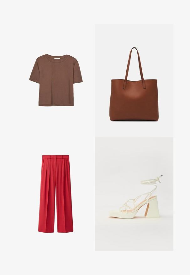 Rjava kratka majica s kratkimi rokavi iz mehkega materiala, s krožnim izrezom in ohlapnim krojem. Brez vidnih vzorcev ali dodatkov.; Rde hlače z visokim pasom, širokega kroja, nabrane in narejene iz gladkega materiala. Imajo zanke za pas in sprednji zadrgo. Klasično oblikovan dizajn.; Bela sandala na visokih petah s debelim petam, ki ima obliko trakcev in vezanje okoli gležnja. Gladka tekstura z platformo spredaj za dodatno višino.; Rjava usnjena torba z gladko teksturo, odprto zasnovo zgoraj in dvema naramnima trakovoma. Opremljena je z minimalnim šivanjem in brez vidnih kovinskih delov.