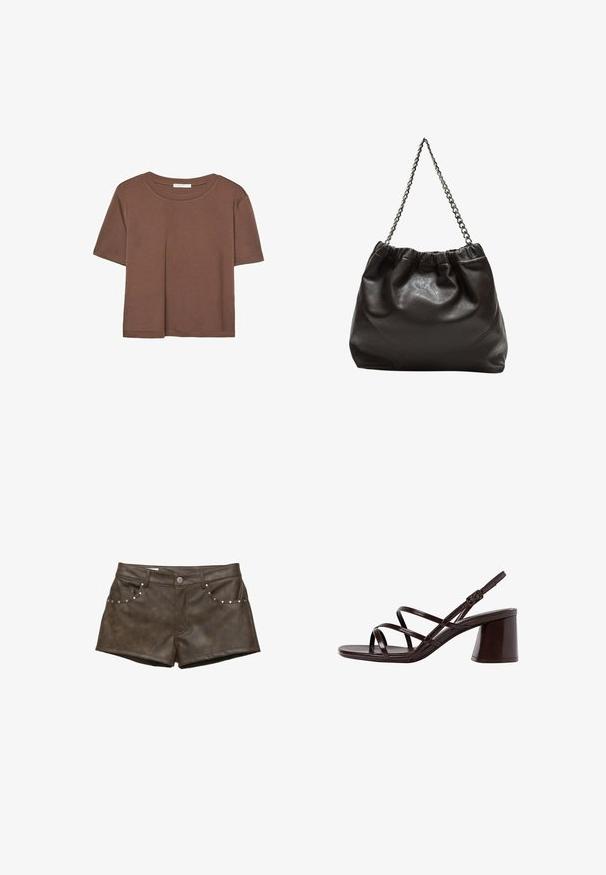 Braunes, kurzärmliges T-Shirt aus weichem Material mit rundem Halsausschnitt und lockerer Passform. Keine sichtbaren Muster oder Akzente.; Braune Fake-Leder-Shorts mit glatter Textur, mit silbernen Nieten an den vorderen Taschen und einem Knopfverschluss.; Braune, geschnallte High-Heel-Sandalette mit einem dicken Absatz, die über eine glatte, glänzende Oberfläche und mehrere überkreuzte Riemen im Obermaterial verfügt.; Braune Lederhandtasche mit gerafftem Oberteil und Kettenriemen. Glatte Textur mit glänzendem Finish und subtilen Nahtdetails an den Seiten.